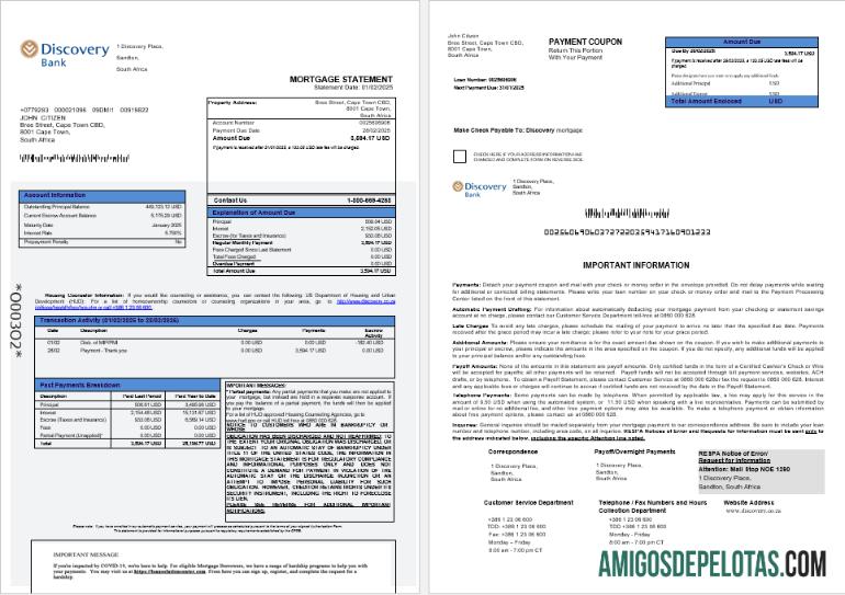 Extrato de hipoteca do Discovery Bank da África do Sul em formatos Word e PDF 1 2 amostra